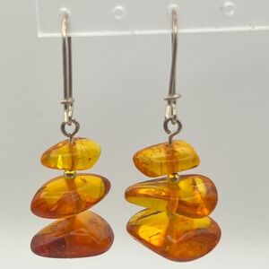 Vintage Baltic Amber Drop Earrings Sterling Hooks‎ Cognac Butterscotch Natural
